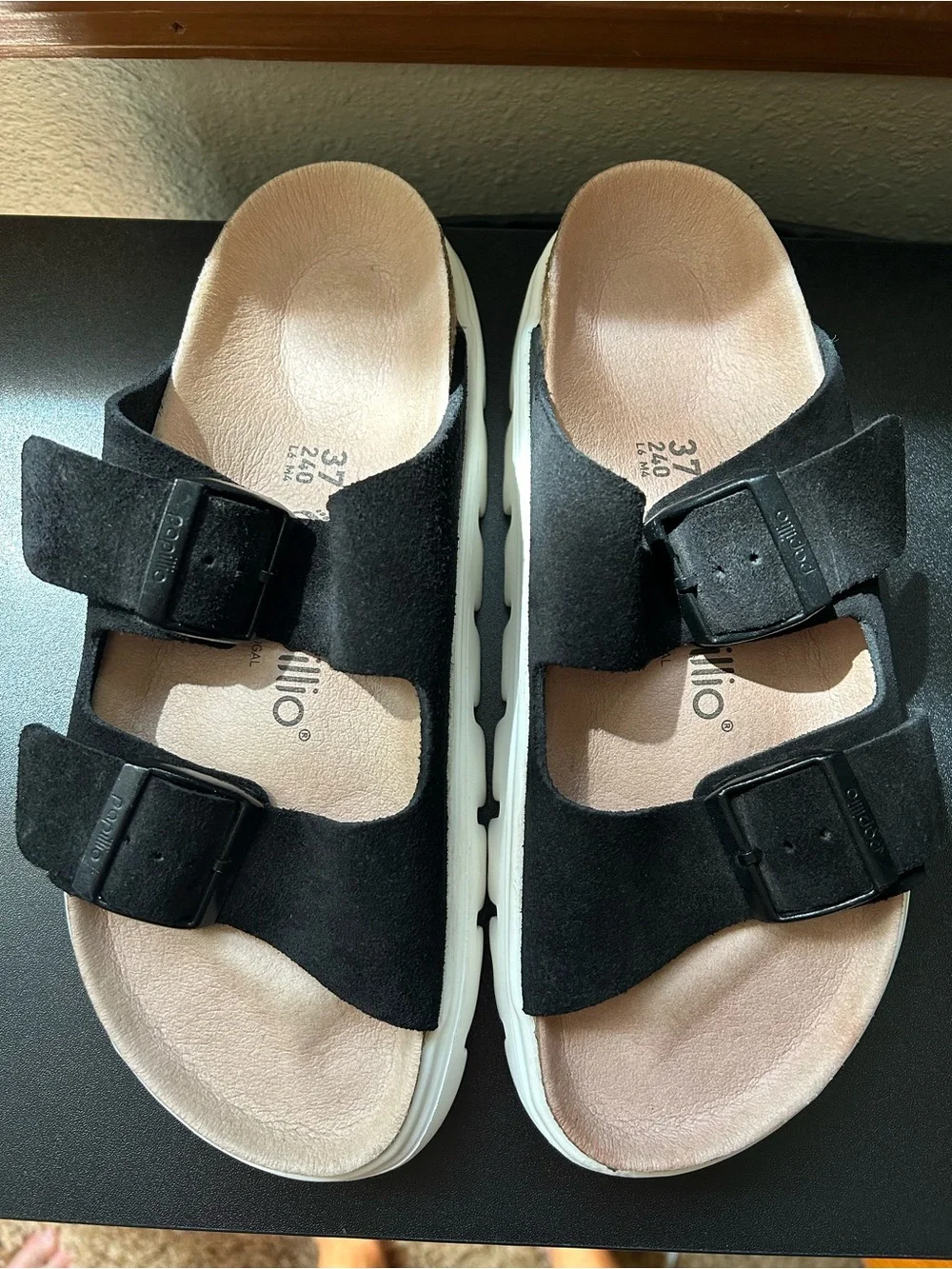 Birkenstock/Papillo Black Suede Double-Buckle Platform Slide Sandals